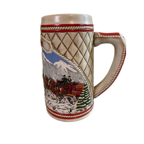 1985 Budweiser Holiday Stein A Series Clydesdales Snow Mountains Vtg Ceramarte - Picture 2 of 5